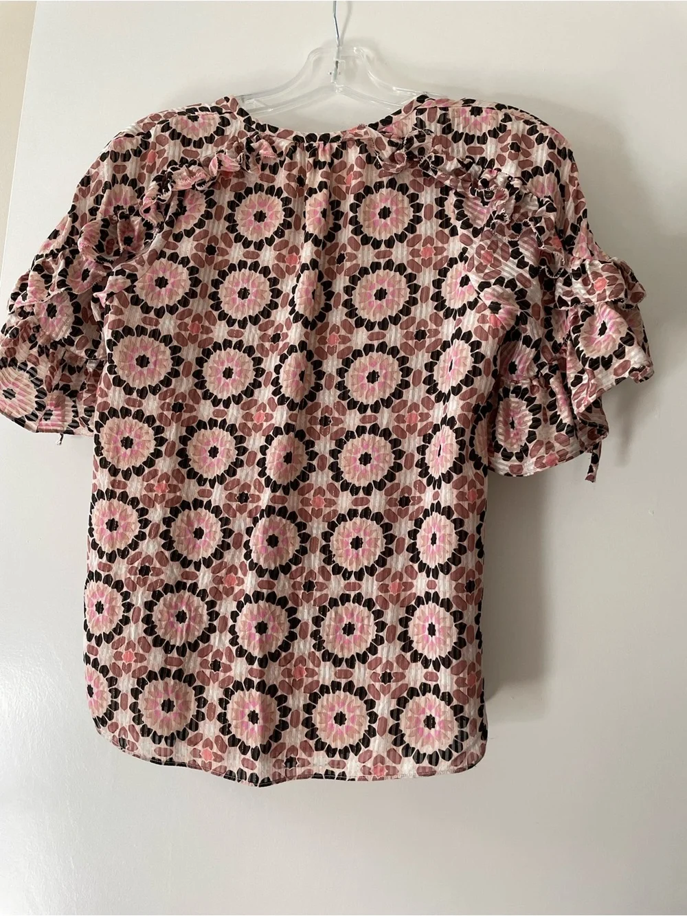 kate spade Ruffle Sleeve Silk Blend Top XXS Pink Floral Mosaic By the Pool Lined